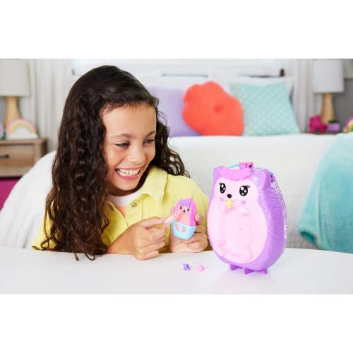 Polly Pocket 2-in-1 Travel Toy with 2 Micro Dolls and 16 Accessories, Hedgehog Purse Playset with Pet Theme
