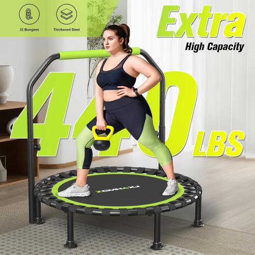 Foldable Mini Trampoline, 40/48 Rebounder Trampoline for Adults & Kids, 450lbs Capacity with U-Shaped Adjustable Bar, Indoor Fitness Workout Exercise Equipment