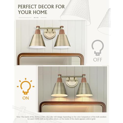 FEMILA 2 Light Bathroom Vanity Light Fixtures Over Mirror, Modern Brass Gold Bathroom Lighting Fixtures with Metal Shades, Woodgrain Finish, 4FG59B-2W BG-NW