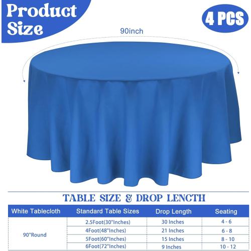 4 Pack Round Tablecloth 90 Inch Polyester Washable Fabric Table Covers for Wedding Dining Table Buffet Parties Banquet Decoration（Blue）
