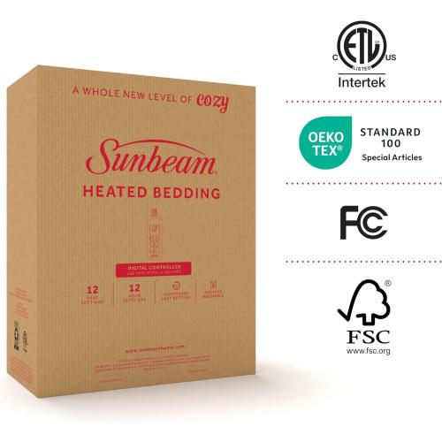 Sunbeam Electric Royal Luxe Microplush Heated Blanket, 12 Heat Settings, 12-Hour Auto Shut-Off, Fast Heating, Warm & Cozy, Machine Washable, Mushroom Color, Twin (84 x 62)