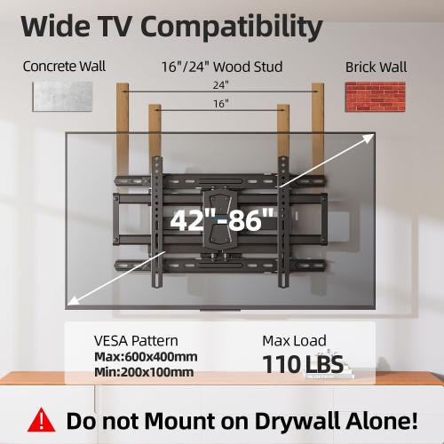 USX STAR Full Motion TV Wall Mount 24 inch Studs for Most 42-86 Inch TVs, Adjustable TV Wall Mount Swivel and Tilt, Loading 110 LBS, Max VESA 600x400mm, Fits 16, 18, 24 Studs