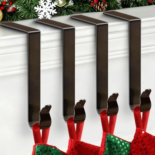 Stocking Holders for Mantle, Christmas Stocking Hooks, 4 Pack Stocking Hangers for Mantel, Non-Skid Stocking Hangers, Lightweight Stocking Hooks for Fireplace Home Party Decor