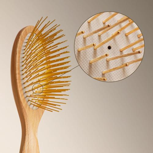 Snow Fox Skincare Gua Sha Hair Brush - Wooden Edition. Scalp Massage Comb with Gold-Plated Metal Bristles for Healthy Follicles. Soothing Gua Sha Acupressure Tool for All Hair Types