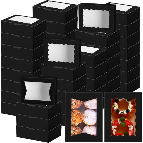 TaoBary 100 Pcs 8 Inch Bakery Boxes 8 x 6 x 2.5 Inch Cookie Pastry Boxes with 2 Style Window for Cookie Treat Chocolate Strawberries Cupcakes Candy Muffins(Black)