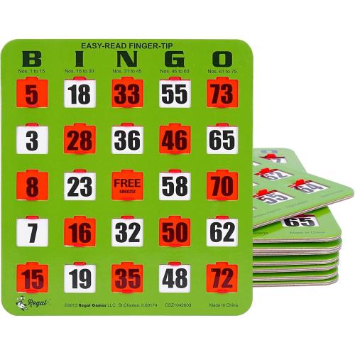 Regal Bingo - Shutter Slide Bingo Cards Only - 8” x 9” - 5-Ply Green Cardstock - Easy to Read - No Duplicates - Red Sliding Windows - Perfect for Large Groups, Bulk Purchasing