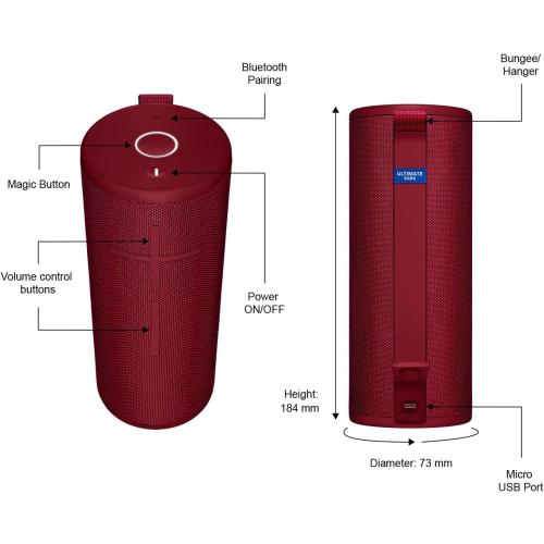 Ultimate Ears Boom 3 Wireless Bluetooth Speaker, Bold Sound   Deep Bass, Bluetooth, Magic Button, Waterproof, 15 Hours Battery, Range of 150 ft, Sunset Red
