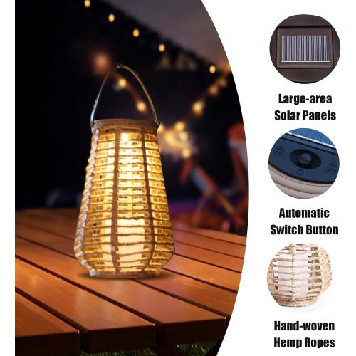 Hanging Solar Lanterns Outdoor Waterproof, Hand-Woven Hemp Rope,10x5.5 Inch