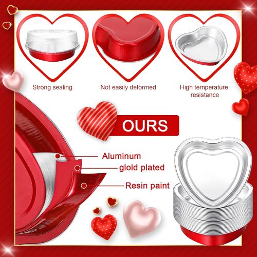 Yinkin 50 Set 9 oz Heart Shaped Aluminum Cake Pan with Lid Disposable Heart Foil Tin Pans Cupcake Liners Muffin Tins for Mother's Day Wedding Bridal Shower Baking Supplies (Red)
