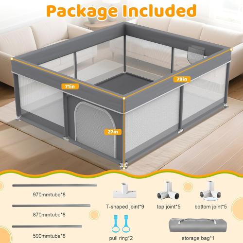 79x71 Extra Large Baby Playpen - Playard with 2 Pull Up Rings & Storage Bag Stable Manual Assembly Baby Fence with Anti-Collision Sponge Sturdy Stainless Steel Play Yard for Toddlers Dark Grey