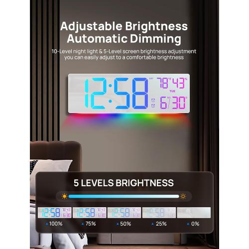 18.5 Large Digital Wall Clock, Big LED Display Clocks with Remote Control, Digital Clock with Night Light, Alarm, Countdown, DST, Temperature for Living Room Bedroom Office, Gift for Seniors (White)