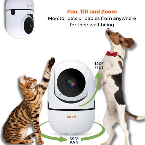 MOBI MobiCam HDX Wi-Fi Pan & Tilt Smart Pet Monitoring Camera, Pet Video Monitor, Night Vision IP Camera, Motion Detection, Full HD, Two-Way Audio, Remote View & Recording with Free Smart App