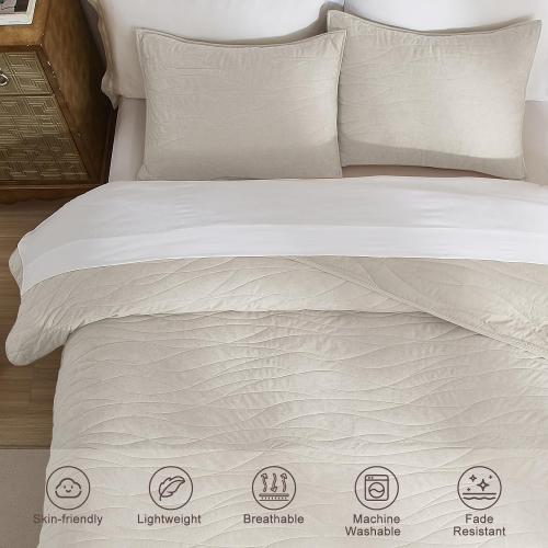 ‼️COLORS MAY VARY‼️Velvet Quilt Queen Comforter Set, Lightweight Soft Quilts Queen Size, Bedspread Coverlet with 2 Matching Pillow Shams, Velvet Comforter Bedding Set for All Season (Off-White, Wave)