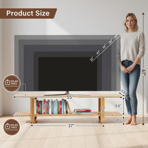 Wood Bamboo TV Stand for 55-Inch TVs, 2 Open Shelves, Modern Console | Mid Century Style, Open Storage for Electronics and Decor in Living Rooms and Bedrooms