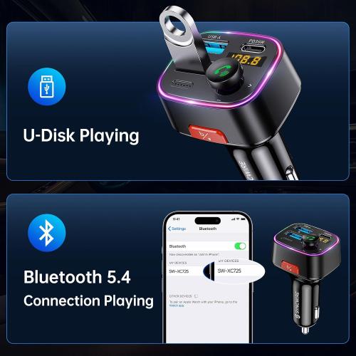 Syncwire Bluetooth 5.4 Car Adapter 48W FM Transmitter for Hands Free Calls | Light Switch, Fast Charge (PD 36W & 12W), HiFi Bass Sound, LED Display, USB Drive Support, Wireless Radio Music Adapter