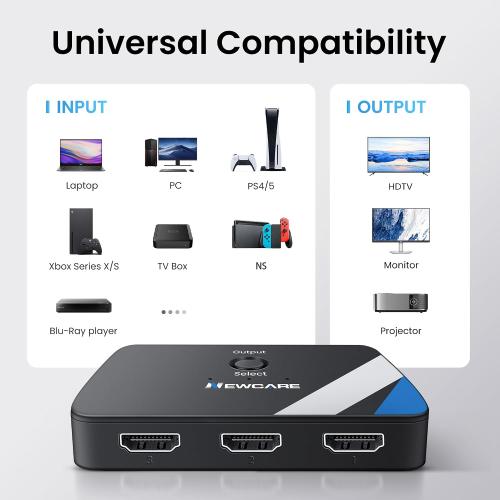 NEWCARE HDMI Switch 3 in 1 Out, 4K@60Hz HDMI Switcher with 2.6FT HDMI Cable