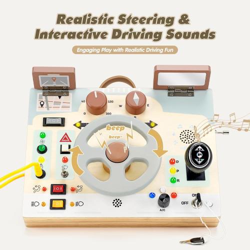 Joyreal Toddler Busy Board with LED Lights, Steering Wheel, Sounds, Montessori Toys for 1  Year Old, Fidget Board Sensory Travel Toy, Gifts for Boys and Girls