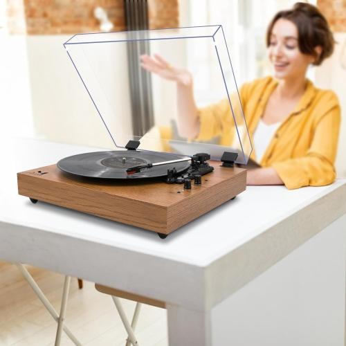 MPK Vintage Style 3 Speeds Wireless Input Record Player, Built-in Dual Premium Speakers,Belt Drive,RCA Output,Aux in,Fulll Size Platter Turntable, Yellow Wood