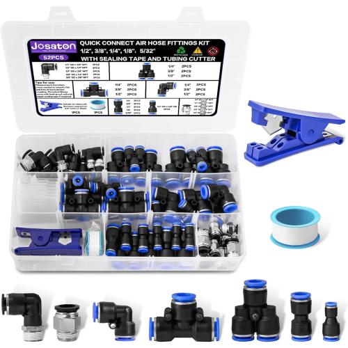 52 Pcs Quick Connect Air Hose Fittings Kit, Josaton Air Line Quick Connect Fittings, 1/2, 3/8, 1/4, 1/8，5/32 Pneumatic Fittings, NPT Male Thread Push to Connect Fittings, with Sealing Tape