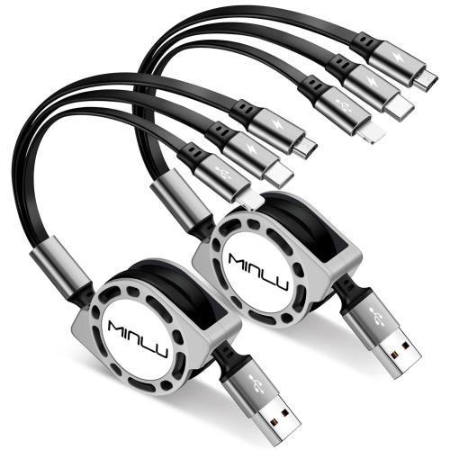 2 pack Multi Charging Cable 3A, [2Pack 4ft] Retractable Multi Charging Cord 3 in 1 Fast Charger Cord, USB C Charger Adapter with Lightning/Type C/Micro USB Ports for Cell Phones/iPhone/Samsung/PS/Tablets