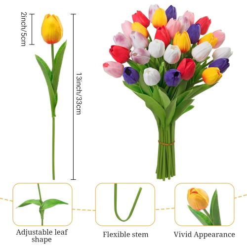 Ouddy Decor 30 Pcs Multicolor Artificial Tulip Flowers PU Real Touch Fake Plants Faux Bouquet for Room Office Table Party Spring Summer Wedding Home Decorations