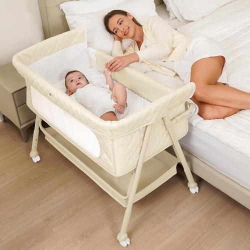 Baby Crib, Baby Bassinets Bedside Sleeper with Breathable Mesh & Mattress, Easy Move Crib for Newborns with Lockable Wheels, 4-Adjustable Height Bedside Bassinet (Beige)