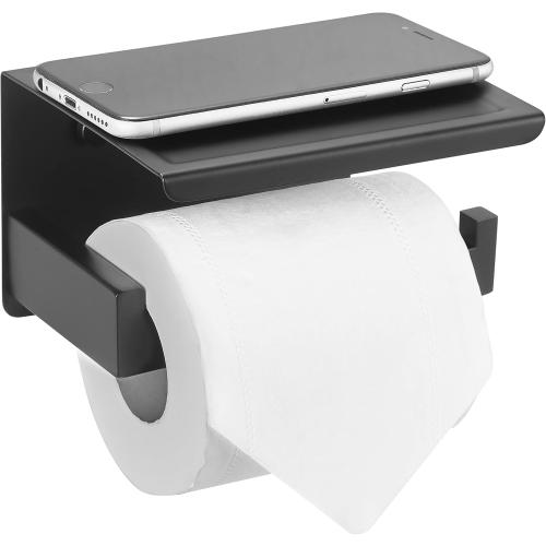 HITSLAM Toilet Paper Holder with Shelf, Stick on Matte Black Toilet Paper Roll Holder, Self Adhesive or Wall-Mount with Screws for Bathroom,Washroom