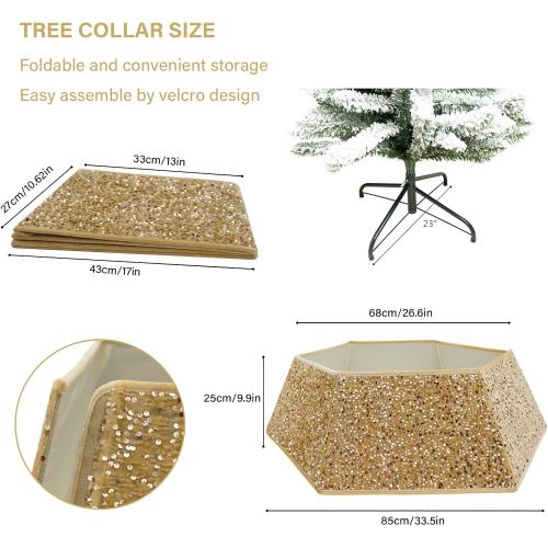 Champagne Gold Christmas Tree Collar with Sparkling Sequins,Christmas Tree Collars for Atificial Trees, 33.5 Inch Christmas Tree Skirt, Xmas Tree Stand Base Cover,Holiday Home Decor Tree Ring(Large)