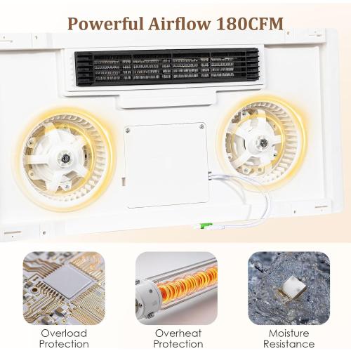 24x12.2 White 4 in 1 Bathroom Exhaust Fan with Light and Heater, 1800W 180 CFM 1.0 Sone Ceiling Fan Remote Control Heater, Ventilation for Home, Bath, Hotel