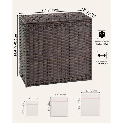 SETVSON Laundry Hamper with Lid Laundry Basket 132 L (35 Gal) Wicker Clothes Hamper, Handwoven Rattan Hamper with Handles and 4 Removable Liner Bags, 6 Mesh Bags for Laundry Bedroom Brown