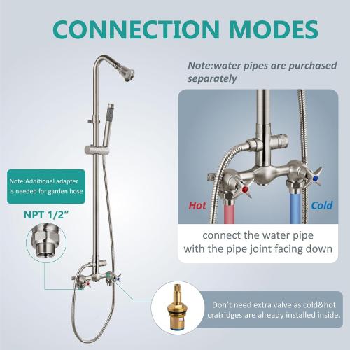 Aolemi Wall Mount Outdoor Shower Kit,Outdoor Shower Fixtures Faucet System with Handheld Spray,Double Handle 6 Inch Center Exposed Shower with Shower Head Brushed Nickel