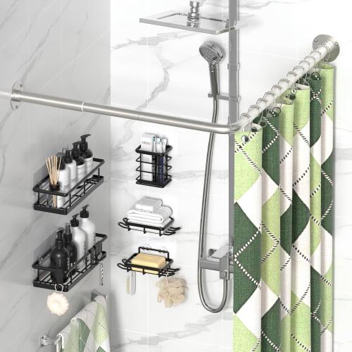 L Shaped Shower Curtain Rods, Adjustable (23''-69'' X 23''-69'') Corner Shower Rod with 12 Shower Curtain Rings, All 304 Stainless Steel, for Bathroom, Bathtub, Clothing Store, Need to Drill, Silver