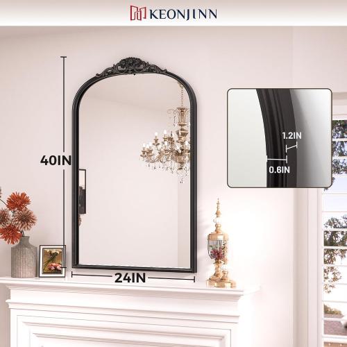 Keonjinn Antique Arched Mirror - 24 x 36, Black Vintage Wall Mirror with Metal Frame, Baroque Arch Design, Decorative for Mantle, Bathroom, Living Room, Hallway, Fireplace