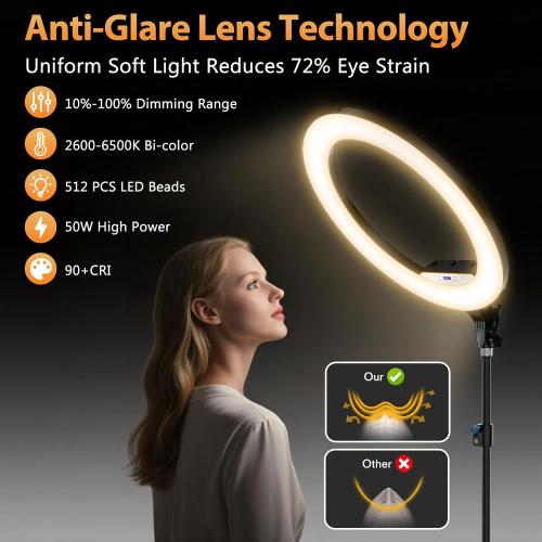22'' Ring Light with 75'' Tripod Stand, LED Display/2 USB Ports/6500K Dimmable Ring Light for ipad Phone Holder for Tattoo Lash Live Makeup Video Recording TikTok Barber Stylist Photography