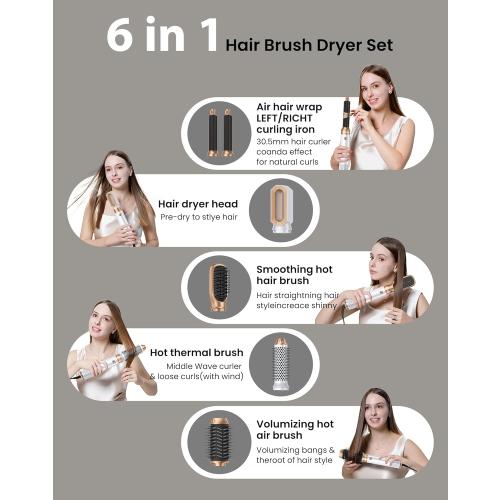 Ukliss 6 in 1 Blow Dryer Brush,Hair Dryer Brush with Ionic Technology, Multifunctional Styler Styling Tools, Auto Air Curler for Hair, Fast Styling for Most Hair Types, Safe ALCI Plug (White Gold)