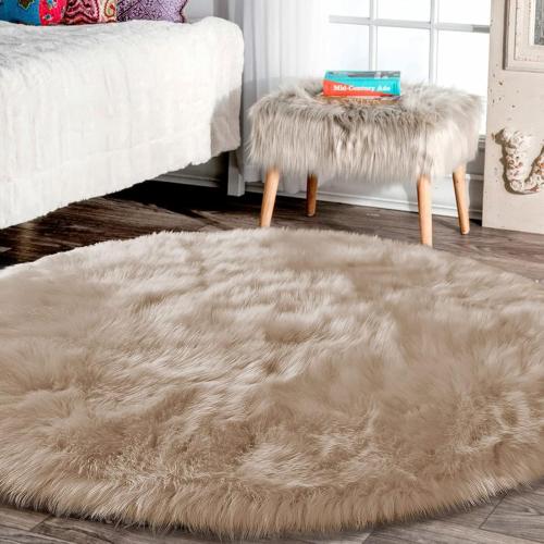 Latepis Fuzzy Circle Rugs for Living Room Beige Round Rug 10ft Washable Shag Rug Fluffy Boho Rug Faux Sheepskin Fur Rug for Bedroom Large Room Carpet Home Decor