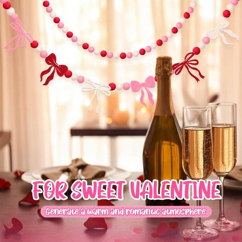 Breling 3 Pieces Valentine's Day Garland Felt Ball Garland, 10ft Pompom Bow Valentines Decorations Banner for Mantle Fireplace Room Valentine Hanging Decor