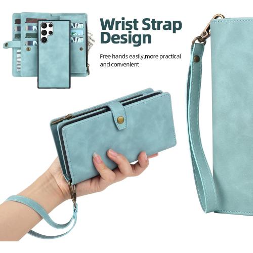 TwoHead for Samsung Galaxy S22 Ultra Wallet Case with Card Holder & Detachable Magnetic Phone Case, Leather All-Round Protection Wallet Phone Case for Women Men,6.8in,Blue