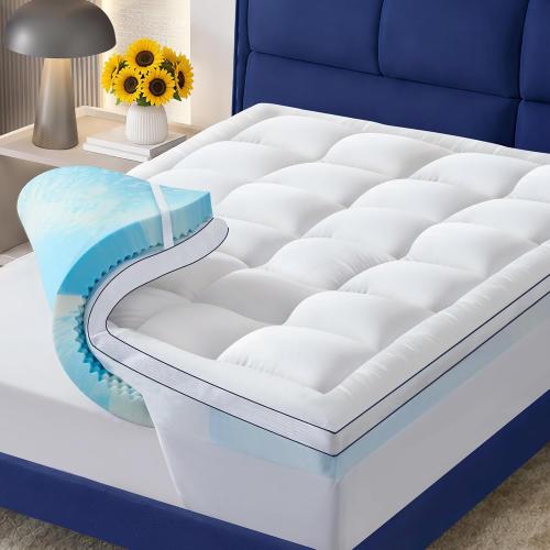 King Size Dual Layer 4 Inch Memory Foam Mattress Topper, 2 Inch Cooling Gel Memory Foam and 2 Inch Soft Pillow Top Mattress Pad Cover for Back Pain Relief, with Elastic 21 Deep Pocket