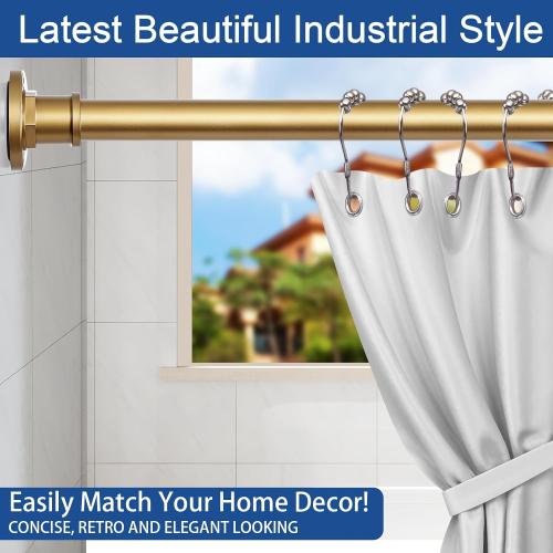BRIOFOX Industrial Shower Curtain Rod - 2-in-1 Design Tension Curtain Rod - Rustproof Non-Slip 43 to 72 Inch Metal Steel, Frosted Gold Painted Window Curtain Rod