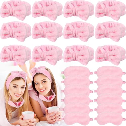 Jexine 24 Pcs Galentines Spa Headband Plush Sleep Eye Mask Bulk Bow Hair Band Makeup Headband for Sleepover Party Supplies Sleeping Stuff Accessories Valentine Galentine Gift(Pink)