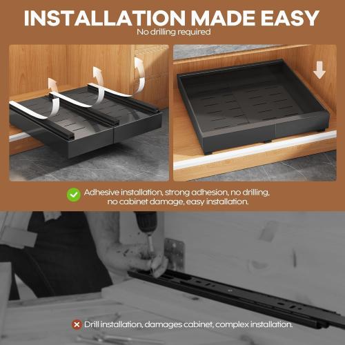 4Pack Expandable Pull Out Cabinet Organizer 21Deep With Raising Pad for Framed Cabinets,Slide Out Drawers with 4pcs Divider Racks,Roll Out Shelves Adhesive,Adjustable Width 12.05-20.4Black