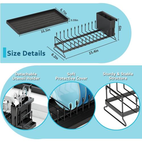 ANTOPY Small Dish Drying Rack - Compact Dish Rack for Kitchen Counter with Silicone Dish Drying Mat, Stainless Steel Dish Drainer for Kitchen Sink Cabinet, Space Saving Plate Rack Cutlery Holder
