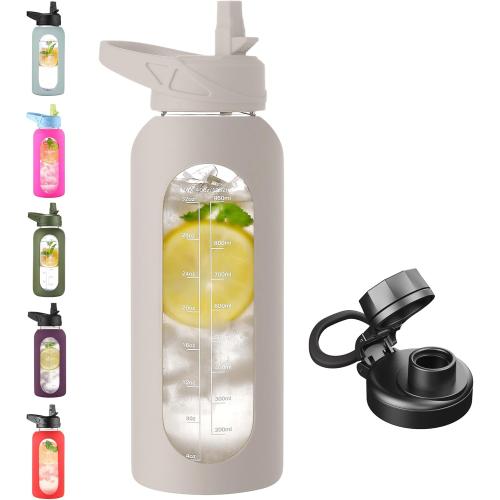 ARMY GREEN CIVAGO 40 oz Glass Water Bottle with Straw and Handle, Large Sports Motivational Water Bottle Flask with Time Marker and 2 Lids, Leakproof Water Jug Canteen with Silicone Sleeve for Gym,Apricot