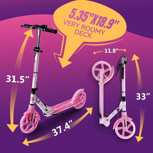 Color Pink Kick Scooter for Kids Ages 8  Teens & Adults, with Front handbrake and Rear Brake, and Adjustable Handlebars, Big Sturdy PU Flash Wheels Great Gift & Toy