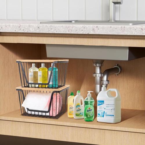 2 Pack Storage Stackable with Bamboo Top for Kitchen Laundry Room Organizers, Large Trash Bag Holder and Garbage Bag Dispenser