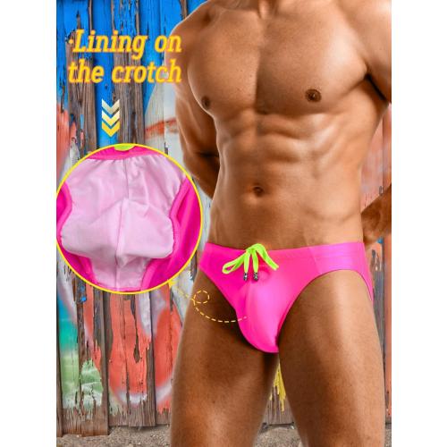 Mens Large Pink Swim Briefs Underwear, Neon Drawstring Bikini Swimwear Pool Party, Micro Thong Swimsuit Beach Tan Through