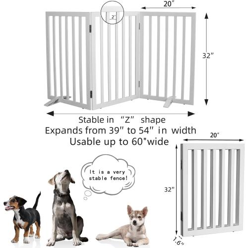 Dog Gate Indoor, Freestanding Dog Fence for The House, Doorways, Hallways,or Stairs,Pet Gate Foldable Wooden,Expandable 32 Height 3 Panels,White