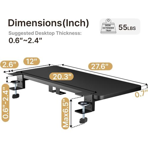 PEGZONE Desk Extender Tray, 28 x 12 Clamp On Desk Shelf, Desk Extension with Laptop Holder, Table Desk Arm Rest, Clamp On Keyboard Tray for Office and Home, Workstation Organizer, Large, Black