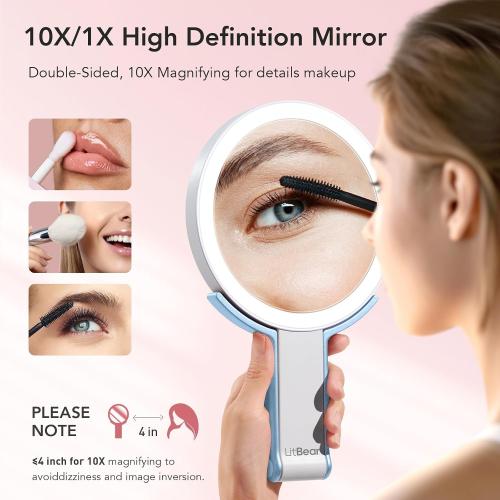 LitBear Travel Makeup Mirror with Lights, Rechargeable Double-Sided 10X/1X Magnifying Mirror, Portable Lighted Beauty Mirrors, 3 Color Lighting, Dimmable Touch Screen, Tabletop Handhold Hanging (Blue)